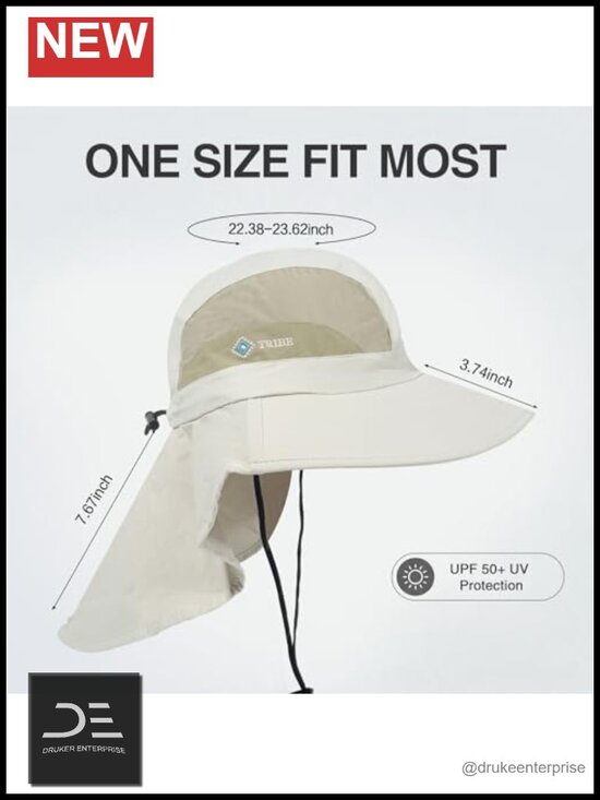 UPF 50+ Wide Brim Sun Hat with Neck Flap - Foldable Breathable Nylon